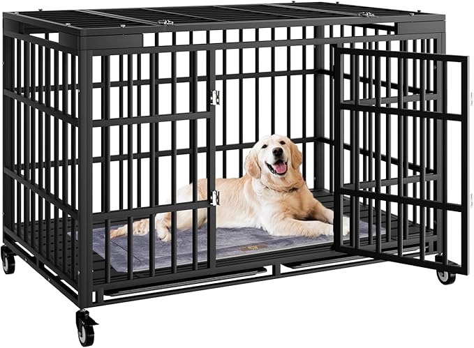 54 Inch Heavy Duty Dog Crate with Wheels，Indestructible Escape-Proof Dog Cage for Large Dogs, Extra Large XL XXL Indestructible Dog Crate with Removable Tray.