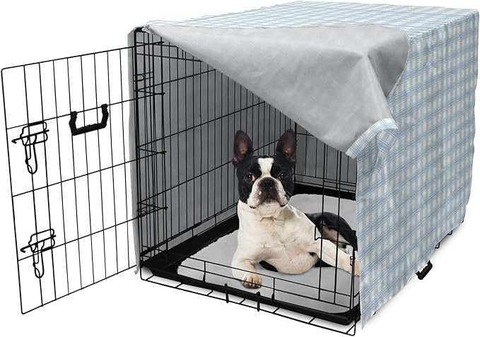 Lunarable Plaid Dog Crate Cover, Geometrical Striped Old Fashioned Pattern Pastel Colors Country, Easy to Use Pet Kennel Cover for Small Dogs Puppies Kittens, 22 Inch, Pale Blue Yellow White
