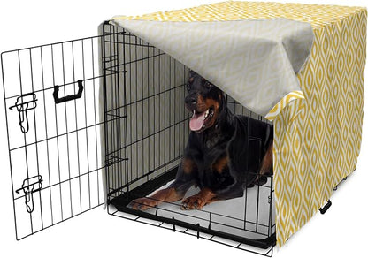 Lunarable Yellow Dog Crate Cover, Geometric Pattern with Ogee Shapes Waves and Curves Design Modern Boho Print, Easy to Use Pet Kennel Cover for Medium Large Dogs, 42 Inch, Yellow and White