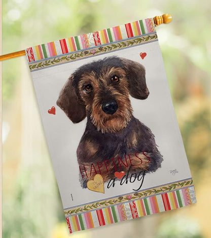 Breeze Decor Miniature Dachshund Happiness House Flag 2 pcs Pack Dog Puppy Spoiled Paw Canine Fur Pet Nature Farm Animal Creature Banner Small Garden Yard Gift Double-Sided, Made in USA