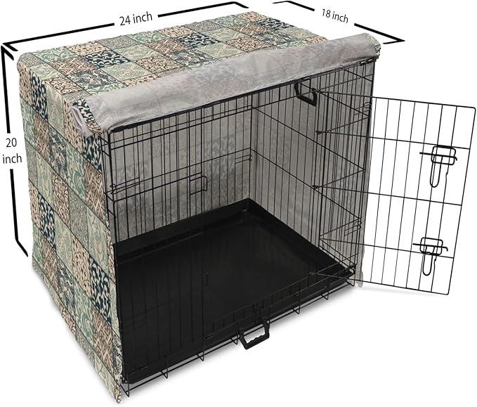 Lunarable Geometric Dog Crate Cover, Antique Mosaic with Victorian Garden Motifs Damask and Scroll Flower, Easy to Use Pet Kennel Cover for Cats & Medium Dogs, 24 Inch, Seafoam Brown Dark Blue