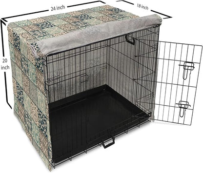 Lunarable Geometric Dog Crate Cover, Antique Mosaic with Victorian Garden Motifs Damask and Scroll Flower, Easy to Use Pet Kennel Cover for Cats & Medium Dogs, 24 Inch, Seafoam Brown Dark Blue