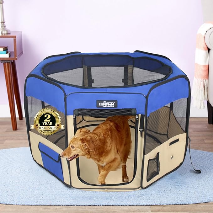 EliteField 2-Door Soft Pet Playpen (2 Year Warranty), Exercise Pen, Multiple Sizes and Colors Available for Dogs, Cats and Other Pets (62" x 62" x 24"H, Royal Blue+Beige)