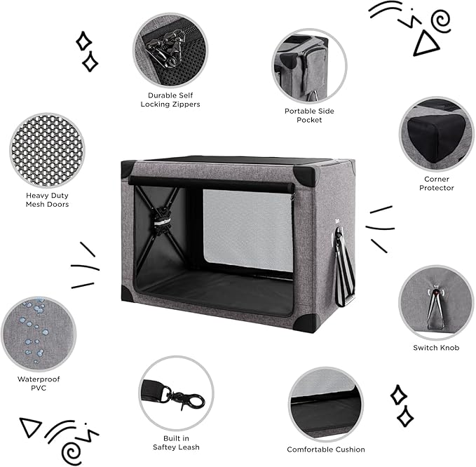 Collapsible Dog Crate - 32 Inch Portable Dog Travel Crate for Medium Dogs, Foldable Dog Crate with Detachable Storage Bag, Removable Pad, and Mesh Windows for Outdoor & Indoor