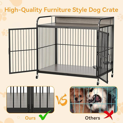 IDEALHOUSE Dog Crate Furniture, 39.8" L X 22.5" W X 38.6" H,Dog Crate Indoor with Adjustable Height Bowls, Wooden Heavy Duty, 39.8 Inch Dog Kennel Furniture for Medium Dogs,Grey