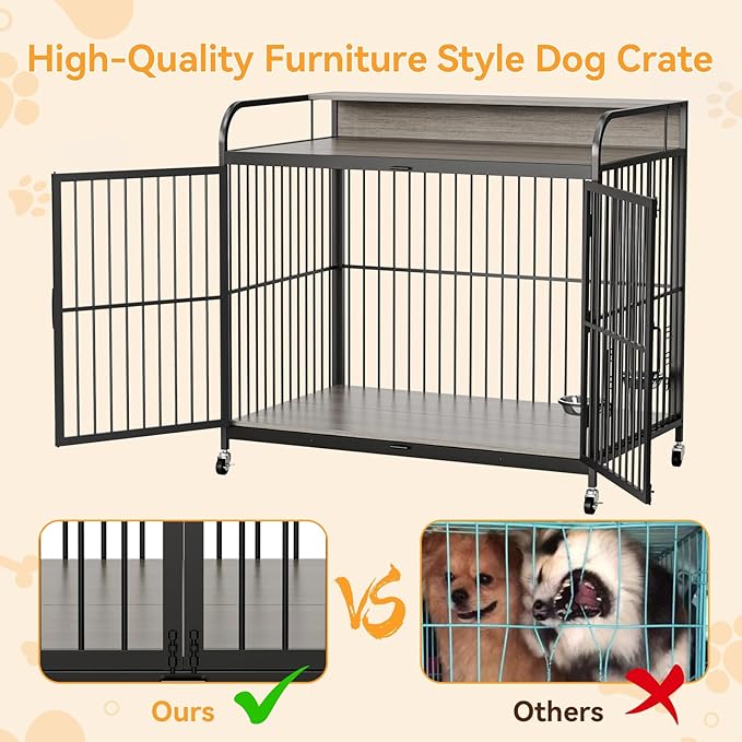 39.8" L X 22.5" W X 38.6" H Dog Crate Furniture, Dog Crate Indoor with Adjustable Height Bowls, Wooden Heavy Duty, 39.8 Inch Dog Kennel Furniture for Medium Dogs,Grey