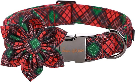 Unique style paws Christmas Dog Collar with Flower Tie Red Green Plaid Adjustable Cotton Puppy Collar for Small Medium Large Dogs-L