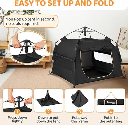 KingCamp Dog Tent, Large Portable Outdoor Indoor Dog House with 600D Oxford Fabric & Dual Layer for Medium Large Dogs, Black, 39.4" x 39.4" x 35.4"