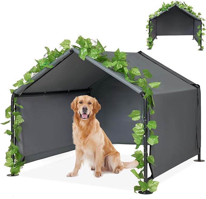 Large Dog Shade Shelter Outdoor Tent Dog House for Large Medium Dogs, Outside Sun Rain Canopy Pet House for Homeless Cats Pigs Livestock with Rainproof Cover with Artificial Grapevine Leaves
