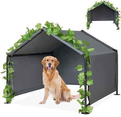 Large Dog Shade Shelter Outdoor Tent Dog House for Large Medium Dogs, Outside Sun Rain Canopy Pet House for Homeless Cats Pigs Livestock with Rainproof Cover with Artificial Grapevine Leaves