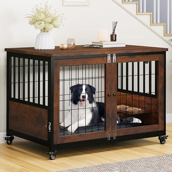 YITAHOME Dog Kennel Furniture with Feeder Bowls, 38.1" Dog Kennel End Table with Wheels and Flip Top, Furniture Style Dog Crate for Medium/Large Dogs, Brown