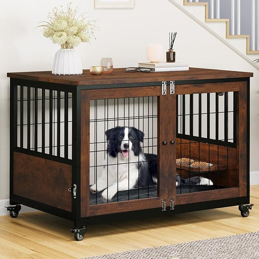 YITAHOME Dog Kennel Furniture with Feeder Bowls, 38.1" Dog Kennel End Table with Wheels and Flip Top, Furniture Style Dog Crate for Medium/Large Dogs, Brown