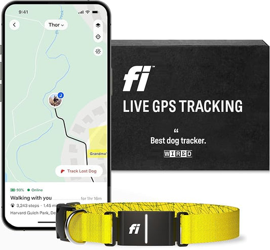 Fi Series 3 Smart Dog Collar - GPS Dog Tracker and Activity & Health Monitor, Waterproof, LED Light, Escape Alerts, Nationwide Coverage [Free 1 Year Membership] (Yellow, Small)
