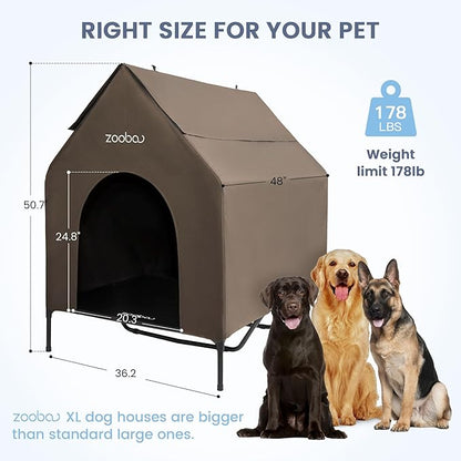 X-Large 48" Dog House - Weatherproof PVC, Textilene Cooling Bed - Easy to Clean (Brown)