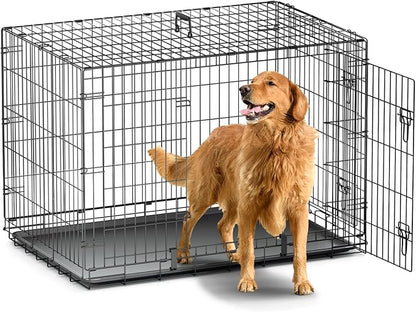 MoNiBloom 24/30/36/42/48 Dog Crates, Foldable Metal Wire Dog Cage with Double-Door, Outdoor Indoor Pet Kennels, Includes Leak-Proof Pan, Divider Panel, Black, 42"