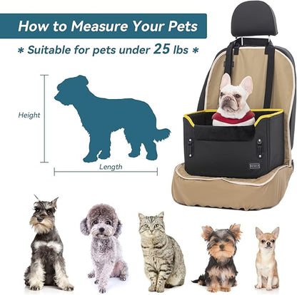 PETSFIT Small Dog Car Seat, Portable Car Saet for Dogs with Patent Safe Buckles, Clip-On Leash, Suitable for Small Pets Up to 25lbs (Black)