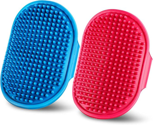 Dog Bath Brush | Dog Grooming Brush, Dog Shampoo Massage Bath Brush Comb with Adjustable Loop Handle for Grooming Short and Long Hair Cats and Dogs, 2pcs (Tapered Brush Head, Blue + Red)