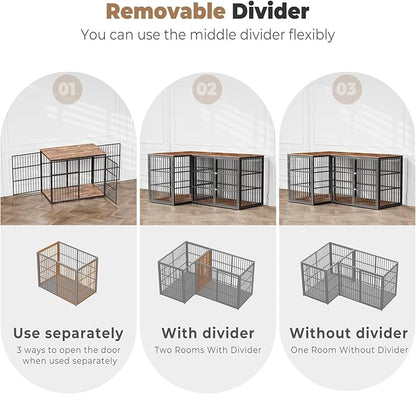 48'' L-Shaped Corner Dog Crate Furniture Large Breed with Double Rooms,Wooden Dog Crate End Table Indoor with Removable Divider for Small to Medium Dogs, Can Use Separately