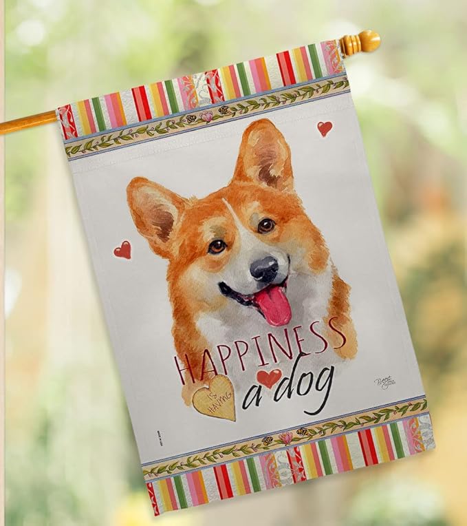 Breeze Decor Fawn Corgi Happiness House Flag Pack Dog Puppy Spoiled Paw Canine Fur Pet Nature Farm Animal Creature Vintage Applique Banner Small Garden Yard Gift Double-Sided, Made in USA