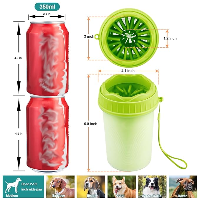 Portable Silicone Bristles Dog Foot Washer and Muddy Paw Cleaning Brush - A Great Gift, Free Bath Brush Included - Medium, Green