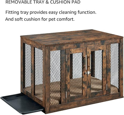 unipaws Furniture Dog Crate with Tray for Medium Dogs, Indoor Aesthetic Puppy Kennel Pet House Dog Cage with Door, Modern Decorative Wood Pretty Cute Fancy End Side Table Nightstand, Rustic