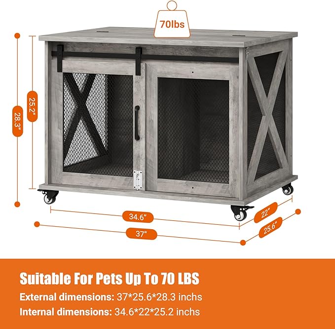 Dog Crate Furniture with Sliding Barn Door,Flip Top Furniture Style Dog Crate End Table with Wheels,Indoor Dog Kennel Furniture with Removable Divider,Dog House,Grey