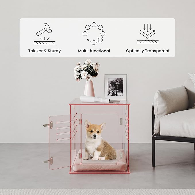 Sumerflos Acrylic Dog Crate Furniture - Clear Pink Dog Kennel End Table for Small Dog Cat Pet, Indoor Lockable End Table Dog Crate Ventilated See-Through, 23.6" L x 17.7" W x 20.0" H