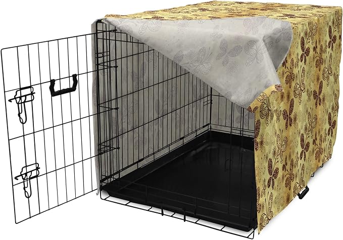 Lunarable Yellow and Brown Dog Crate Cover, Butterflies with Lace Style Ornament Spring Season Beauty Nature Print, Easy to Use Pet Kennel Cover for Medium Large Dogs, 42 Inch, Chestnut Brown