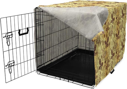 Lunarable Yellow and Brown Dog Crate Cover, Butterflies with Lace Style Ornament Spring Season Beauty Nature Print, Easy to Use Pet Kennel Cover for Medium Large Dogs, 42 Inch, Chestnut Brown