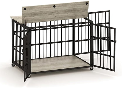 Furniture Style Dog Crate,Wrought Iron Frame with Side Openings,Wheels,Flip-Up Top,Durable and Stylish Pet Kennel for Home Use,Grey