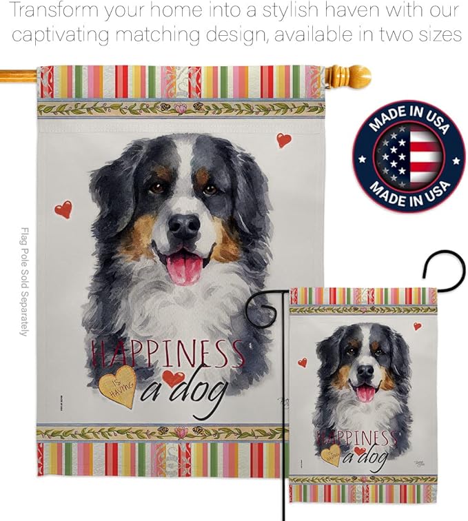 Breeze Decor Bernese Mountain Happiness House Flag Set Dog Puppy Spoiled Paw Canine Fur Pet Nature Farm Animal Creature Decoration Banner Small Garden Yard Gift Double-Sided, Made in USA