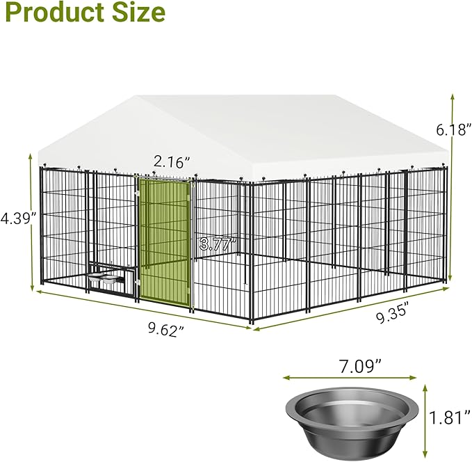 Rovibek 10x10 FT Dog Kennel Outside, Dog Kennels Outdoor with 2 Height Adjustable Rotating Feeder Bowls, Dog Enclosure Outdoor, Outside Dog Kennel with Roof, Outside Kennel for Large Dogs
