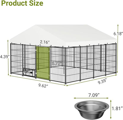 Rovibek 10x10 FT Dog Kennel Outside, Dog Kennels Outdoor with 2 Height Adjustable Rotating Feeder Bowls, Dog Enclosure Outdoor, Outside Dog Kennel with Roof, Outside Kennel for Large Dogs