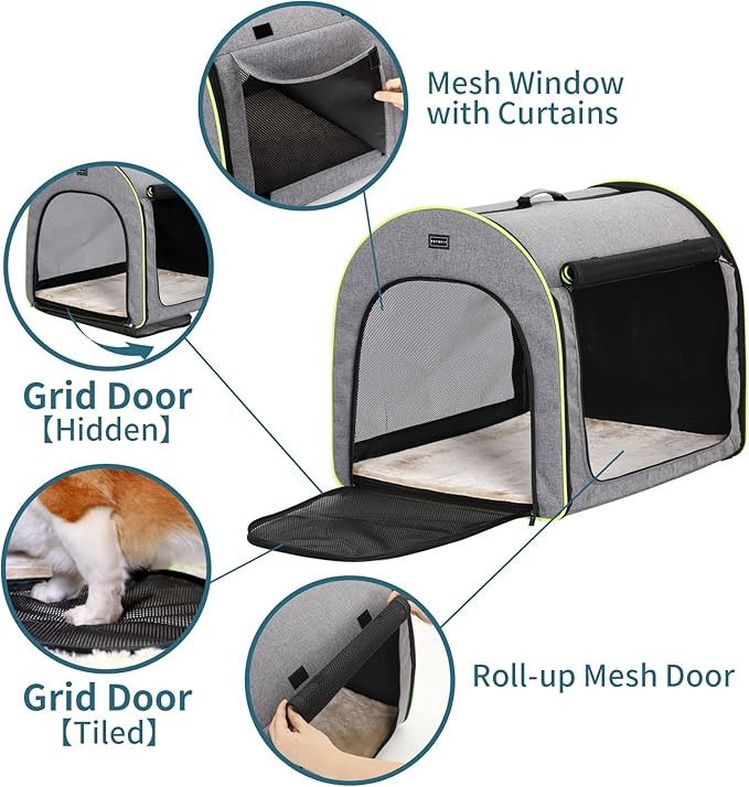 PETSFIT Collapsible Dog Crate, Dog Crate Travel - 35.5 Inch Lightweight, Roomy, Easy to Set Up, Sturdy Portable Dog Kennel with Thick Mat, Grey
