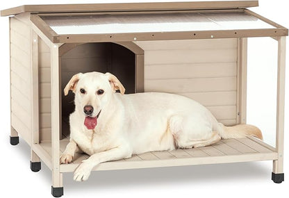 Wood Dog House Outside, Dog House with Open Roof and Terrace Durable Waterproof Doghouse for Small to Medium Dogs-Beige