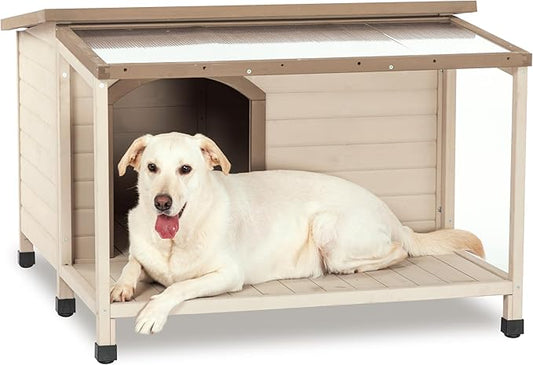 Wood Dog House Outside, Dog House with Open Roof and Terrace Durable Waterproof Doghouse for Small to Medium Dogs-Beige