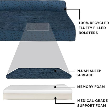Furhaven Memory Foam Dog Bed for Large Dogs w/ Removable Bolsters & Washable Cover, For Dogs Up to 95 lbs - Plush & Almond Print L Shaped Chaise - Blue Almonds, Jumbo/XL