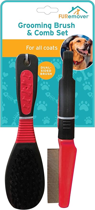 FURemover Grooming Brush & Comb Set, Suitable for All Coats, Includes One Flea Comb and One Dual-Sided Brush with Soft Bristles and Rounded Pins, Black and Red (1208A12-AMZ)