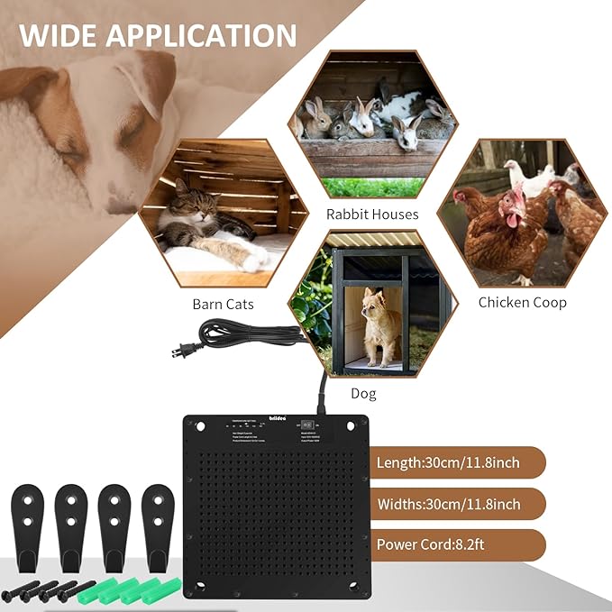 Briidea 140W Dog House Heater, Adjustable 40℉-140℉ Temperature, Anti-Chew Cord, Ultra-Quiet & Ultra-Thin Design, Ideal for Dog Houses, Chicken Coops, Rabbit Cages, Cat Houses