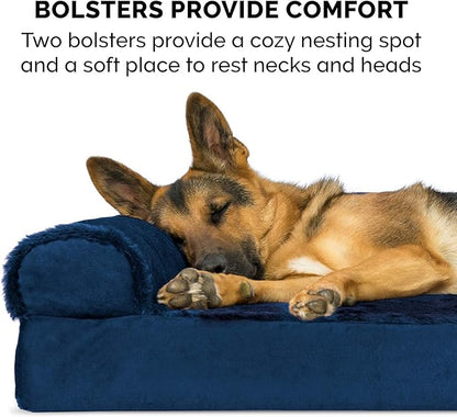 Furhaven Memory Foam Dog Bed for Large/Medium Dogs w/ Removable Bolsters & Washable Cover, For Dogs Up to 55 lbs - Plush & Velvet L Shaped Chaise - Deep Sapphire, Large