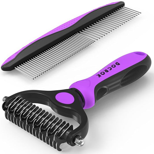 Pet Grooming Brush and Metal Comb Combo - Undercoat Rake for Dematting and Deshedding Long Matted Haired Dogs and Cats, Purple