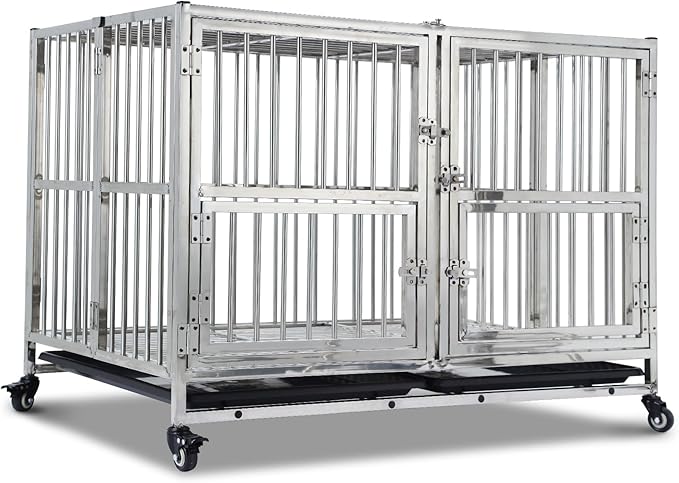 48-in Heavy Duty Dog Crate Cage Kennel with Wheels, Full Stainless Steel High Anxiety Indestructible Dog Crate, Sturdy Locks Design, Double Door Small Door Design & Removable Tray Design Silver