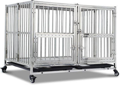 48-in Heavy Duty Dog Crate Cage Kennel with Wheels, Full Stainless Steel High Anxiety Indestructible Dog Crate, Sturdy Locks Design, Double Door Small Door Design & Removable Tray Design Silver