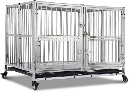 48-in Heavy Duty Dog Crate Cage Kennel with Wheels, Full Stainless Steel High Anxiety Indestructible Dog Crate, Sturdy Locks Design, Double Door Small Door Design & Removable Tray Design Silver