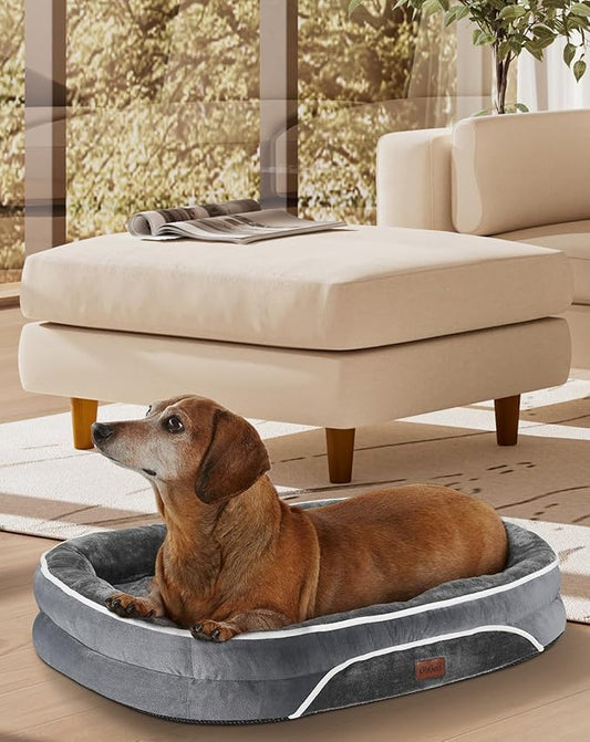 OhGeni Orthopedic Dog Bed for Small Dogs, Dog Couch Design with Egg Foam Support, Removable, Machine Washable Plush Cover and Non-Slip Bottom with Four Sided Bolster Cushion (Gray)
