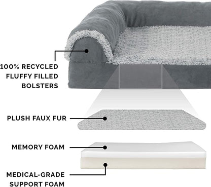 Furhaven Memory Foam Dog Bed for Large Dogs w/ Removable Bolsters & Washable Cover, For Dogs Up to 95 lbs - Two-Tone Plush Faux Fur & Suede L Shaped Chaise - Stone Gray, Jumbo/XL