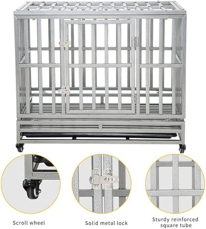 LUCKUP Heavy Duty Dog Cage Metal Kennel and Crate for Medium and Large Dogs, Pet Playpen with Four Wheels,Easy to Install,38 inch,Silver …