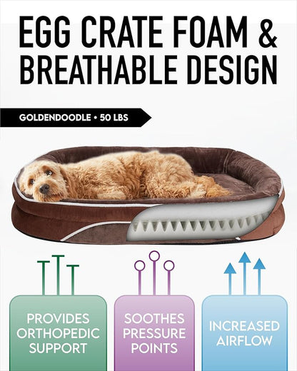 OhGeni Orthopedic Dog Bed for Extra Large Dogs, Dog Couch Design with Egg Foam Support, Removable, Machine Washable Plush Cover and Non-Slip Bottom with Four Sided Bolster Cushion (Brown)