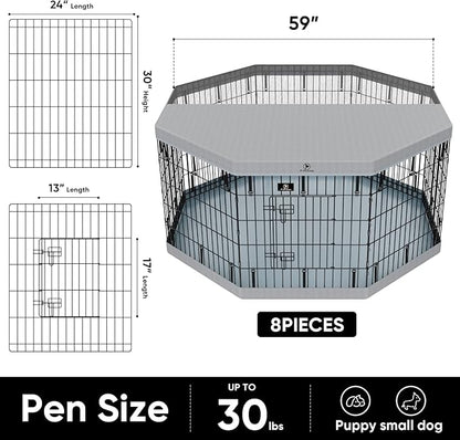PJYuCien Dog Playpenr，8 Panels 30”H Dog Playpen with Gery Bottom Pad and Grey Top Cover，Metal Foldable Dog Exercise Pen for Indoor，Better for Medium Animals,Black