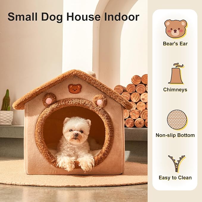 JIUPETY Cute Small Dog House Indoor, Foldable House Kennel Bed Mat with Cushion, L Size Tent Up to 30 Lbs, Dog Cave Bed with Non-Slip Bottom, Brown